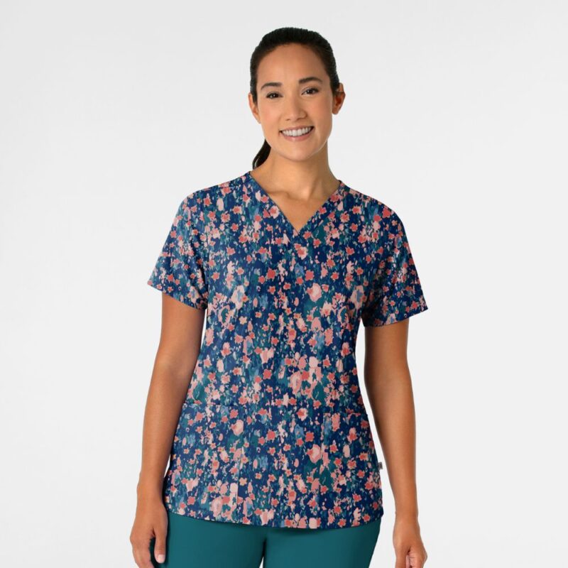 Wonderwink Fashion Prints Women's Fitted 3-Pocket V-Neck Print Scrub Top - Image 3