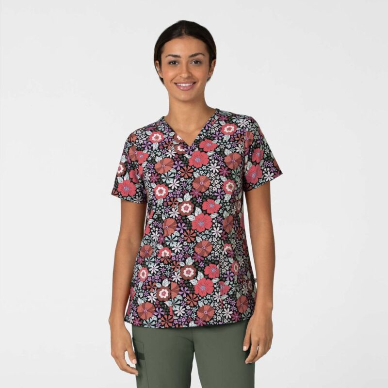 Wonderwink Fashion Prints Women's Fitted 3-Pocket V-Neck Print Scrub Top