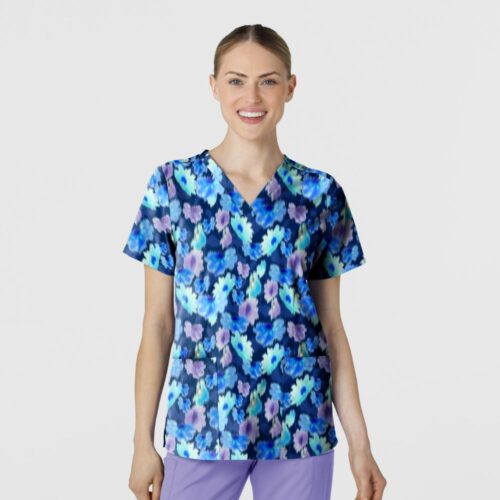6657-FLMW Fashion Prints Women's Fitted 3-Pocket V-Neck Print Scrub Top