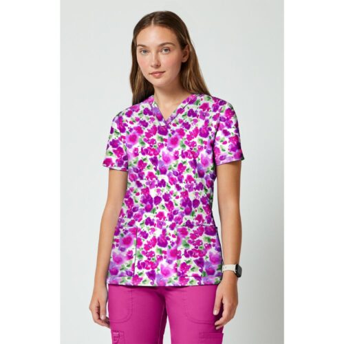 CK00010 -Cherokee 2 Pocket Print Top in DISSOLVING BLOOMS