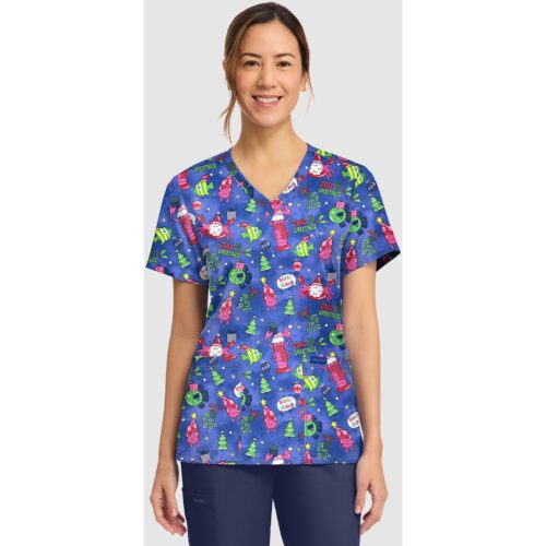 Cherokee Women's Print V-Neck Top in SANTA CLAWS